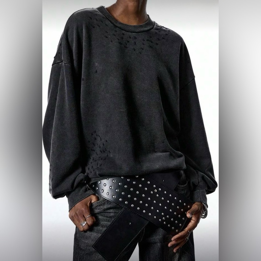 Rhinestone Black Acid Wash Long-Sleeve Shirt | XS | Cotton | NWT | Oversize - Picture 2 of 9
